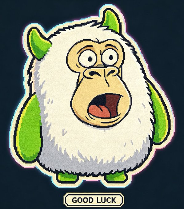 A cartoon illustration of a fluffy white monkey-like creature with green ears, hands, and feet, featuring a surprised expression with an open mouth, with 'GOOD LUCK' displayed below.