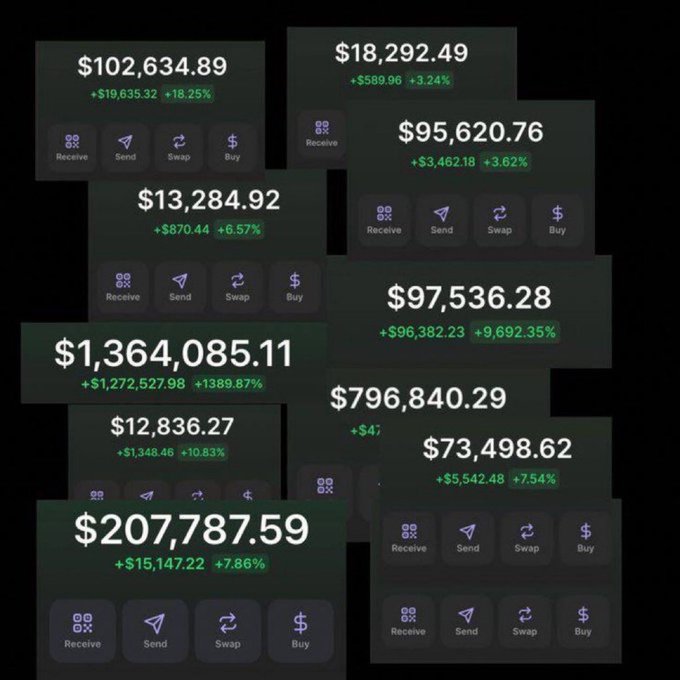 Multiple crypto wallet screenshots showing impressive gains, including $1,364,085.11 (+1389.87%), $796,840.29 (+$96,382.23), $207,787.59 (+7.86%), and $102,634.89 (+18.25%), all displaying Receive, Send, Swap, and Buy options—illustrating the lucrative returns from joining insiders before $ANSEM.