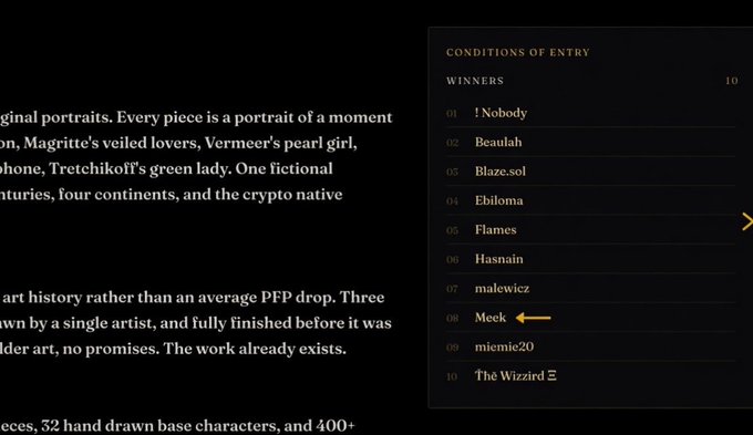 The image shows a "CONDITIONS OF ENTRY" winners list with entry #08 "Meek" highlighted by an orange arrow. This corresponds to the post announcing that the user won an Icon GTD spot from Mattymatrix's raffle, confirming they are listed as a winner.