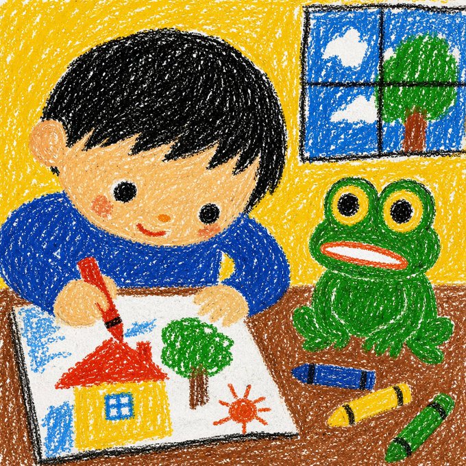 A crayon-style child's drawing depicting a boy in a blue shirt drawing a house and tree with a red crayon, accompanied by a green frog sitting on a brown table next to scattered crayons.