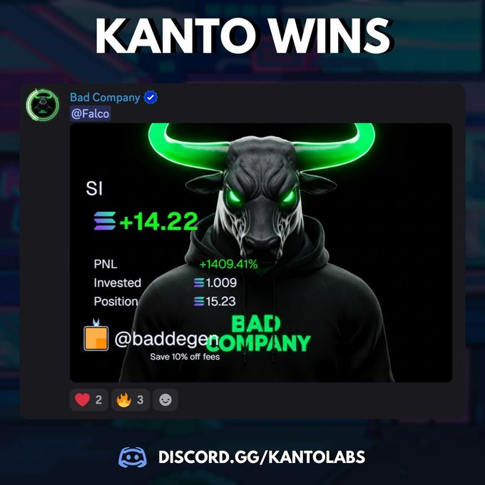 Promotional graphic titled 'KANTO WINS' showing a green-horned bull mascot with social media handle @Falco and stats including 'SI +14.22' and 'PNL +1409.41%', with Discord link DISCORD.GG/KANTOLABS.