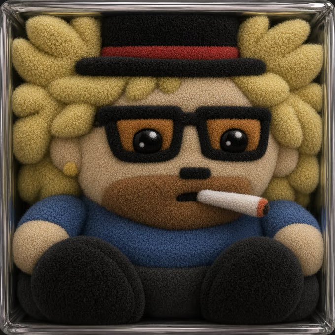 A plush figurine with spiky blonde hair, thick-rimmed glasses, a small black hat, and a cigarette in its mouth sits inside a clear display case. The post's mention of "8th trait?" suggests the figure may represent a character's distinct or recognizable feature being questioned or identified.