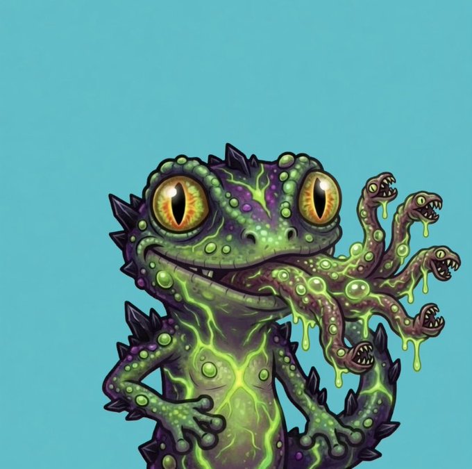 A cartoon illustration of a green and purple multi-eyed monster with tentacle-like appendages ending in small fanged mouths, dripping with slime against a teal background.