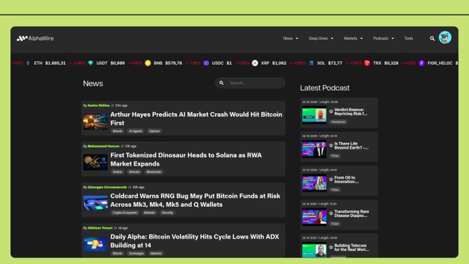 A screenshot of the AlphaWire cryptocurrency news website displaying headlines such as 'Arthur Hayes Predicts AI Market Crash Would Hit Bitcoin First' and 'First Tokenized Dinosaur Heads to Solana as RWA Market Expands', with price tickers for ETH, USDT, BNB, USDC, XRP, SOL, TRX, and FRON_HELOC visible.