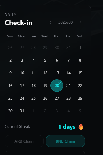 A daily check-in calendar interface for August 2026, showing the 20th selected, with a current streak of 1 day and options for ARB Chain and BNB Chain.