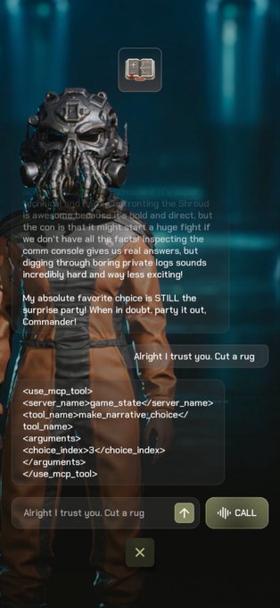 A video game scene shows a character wearing a mechanical skull mask, with on-screen text explaining a 'narrative choice' tool and the response 'Alright I trust you. Cut a rug.'
