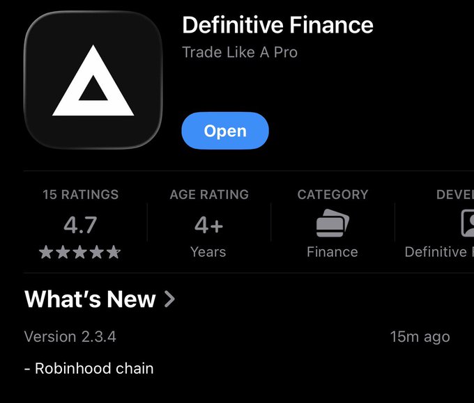 An App Store listing for "Definitive Finance - Trade Like A Pro" with a 4.7-star rating from 15 ratings, rated 4+ years in the Finance category, showing Version 2.3.4 (15m ago) with a "What's New" note mentioning "Robinhood chain."