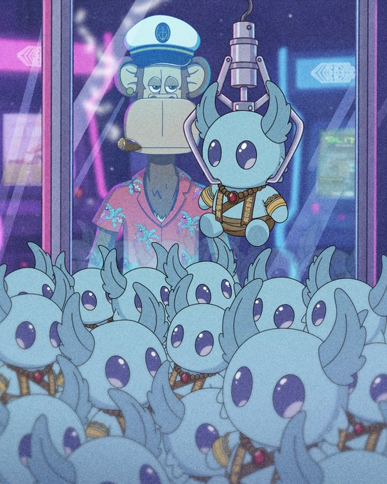 The image features a cartoon character wearing a hat with a monkey on top of its head. The monkey appears to be holding a toy or stuffed animal that has been taken from a vending machine, which is located behind the character. The character seems to be looking at the scene and is surrounded by numerous other characters in various positions throughout the image.