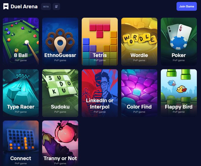 The image displays the homepage of "Duel Arena," a BETA gaming platform featuring various PvP games including 8 Ball, EthnoGuessr, Tetris, Wordle, Poker, Type Racer, Sudoku, LinkedIn or Interpol, Color Find, Flappy Bird, Connect, and Tranny or Not, with a "Join Game" button in the top right corner.

This showcase of Duel Arena's diverse game selection directly supports the accompanying praise of Ossi Ketola, illustrating the platform's broad appeal and viral potential across multiple game genres that could attract massive player engagement and revenue.