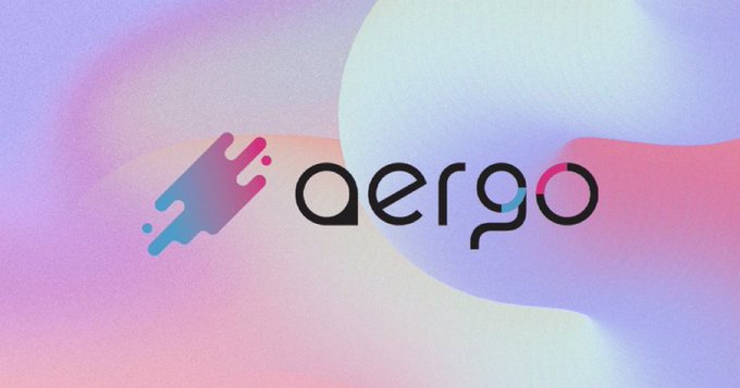 Logo design for 'aergo' featuring a stylized rocket-like icon with pink and blue gradient colors on a soft pastel fluid background.