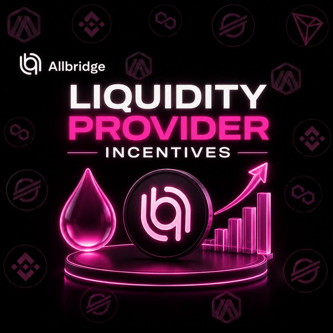 A promotional graphic for 'Allbridge' advertising 'LIQUIDITY PROVIDER INCENTIVES' with a pink glowing liquid drop, coin logo, and upward chart arrow against a black background with various cryptocurrency icons.