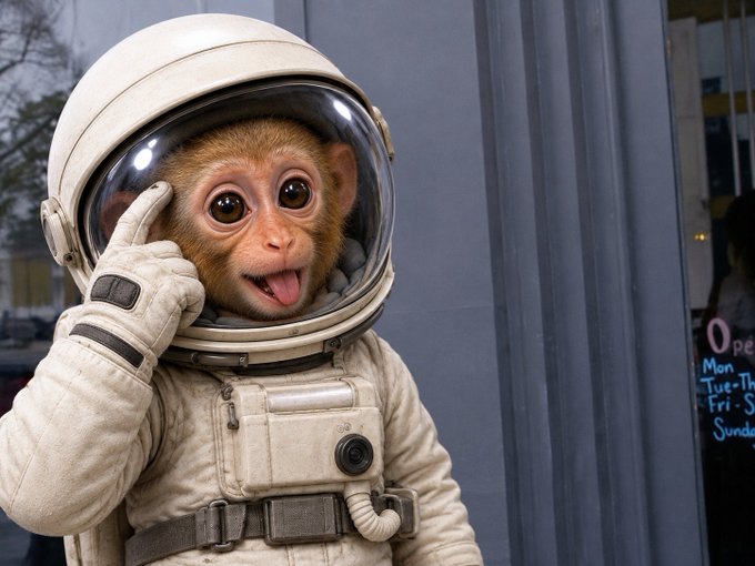 A cute monkey wearing an astronaut helmet and spacesuit, making a peace sign with its gloved hand and sticking its tongue out.