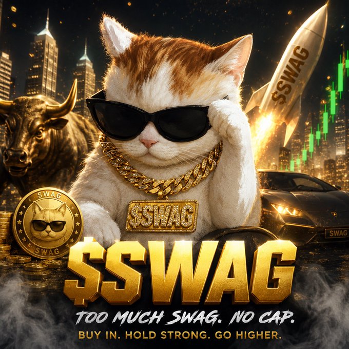A promotional graphic for '$SWAG' featuring a white and orange cat wearing sunglasses and a gold chain with a '$SWAG' pendant, set against a city backdrop with rockets, a sports car, and a bull, with the tagline 'TOO MUCH SWAG. NO CAP. BUY IN. HOLD STRONG. GO HIGHER.'