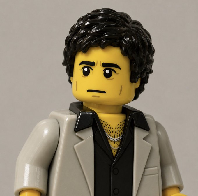 A custom LEGO minifigure styled as a sultry, hairy-chested mobster in a light gray suit and black shirt stares intensely at the camera, fitting the post's "gm" (good morning) greeting and themes of hustle, as the figure's smoldering expression embodies a determined, "go-getter" attitude ready to chase both motion and money this week.