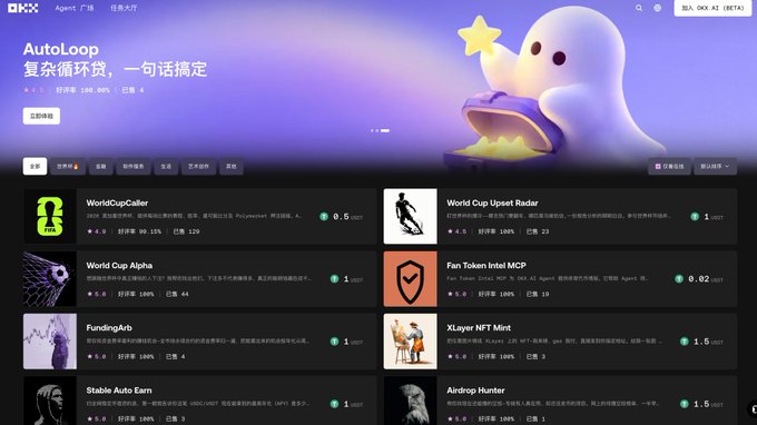 The image shows the OKX.AI Agents homepage featuring the "AutoLoop" tool with a rating of 4 stars, alongside a marketplace listing various AI agents like "WorldCupCaller" (U$D 0.15), "World Cup Upset Radar," "World Cup Alpha," "Fan Token Intel MCP," "FundingArb," "XLayer NFT Mint," "Stable Auto Earn," and "Airdrop Hunter," each showing user ratings and review counts. The interface aligns with the post by presenting OKX.AI as a platform where users can browse and utilize AI agents for task-based work, reinforcing the concept of an evolving Agent credit ecosystem where individuals can leverage or create AI agents for economic opportunity.