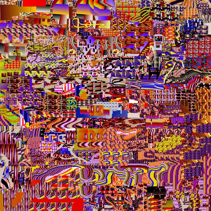 A chaotic, highly distorted digital image consists of glitch art with warped patterns, repetitive structures, and vibrant colors like yellow, red, blue, and purple.