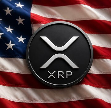 The image shows a black circular XRP (Ripple) coin resting on a draped American flag, symbolizing the intersection of U.S. regulatory developments and the cryptocurrency XRP. This visual ties directly to the post about SEC Chair Paul Atkins's announcement of historic regulatory modernization efforts impacting XRP and the broader crypto industry.