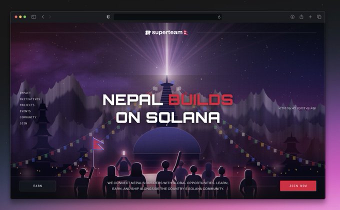 The image shows the homepage of "superteam" featuring the headline "NEPAL BUILDS ON SOLANA" with a tagline connecting Nepalis with global opportunities, learning, and earning in the country/nation's Solana community. The post relates to this by announcing the website as their new hub for events, bounties, and showcasing Nepali builders on Solana.