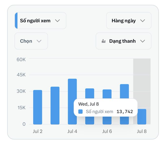 The image displays a bar graph for "So Nguoi Clem" on Wednesday, July 8, with data reaching 13,742 on the y-axis. It also mentions "Hang Ngay" on the x-axis related to "Choξ Danь Thang," comparing data points ranging from 0 to 60K, and the time period covers July 2nd through July 8th.