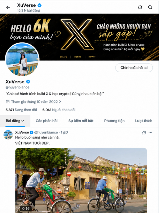 A Twitter/X profile page for XuVerse (@huyenbiance) celebrating 6K followers with a banner reading 'HELLO 6K bạn của mình!' and showing a recent post featuring cycle rickshaws in Vietnam.