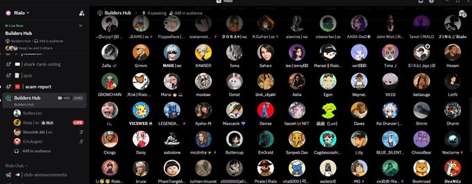 Discord interface showing the 'Ralo' community's Builders Hub voice channel with 452/2080 members online and numerous user avatars displayed in a grid layout.