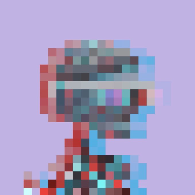 A heavily pixelated image on a purple background showing shades of red, blue, and teal.