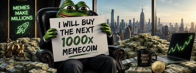 A Pepe the Frog meme depicting the character as a wealthy trader in a suit sitting in an office chair holding a sign reading 'I WILL BUY THE NEXT 1000x MEMECOIN', with 'MEMES MAKE MILLIONS' text and a city skyline view.