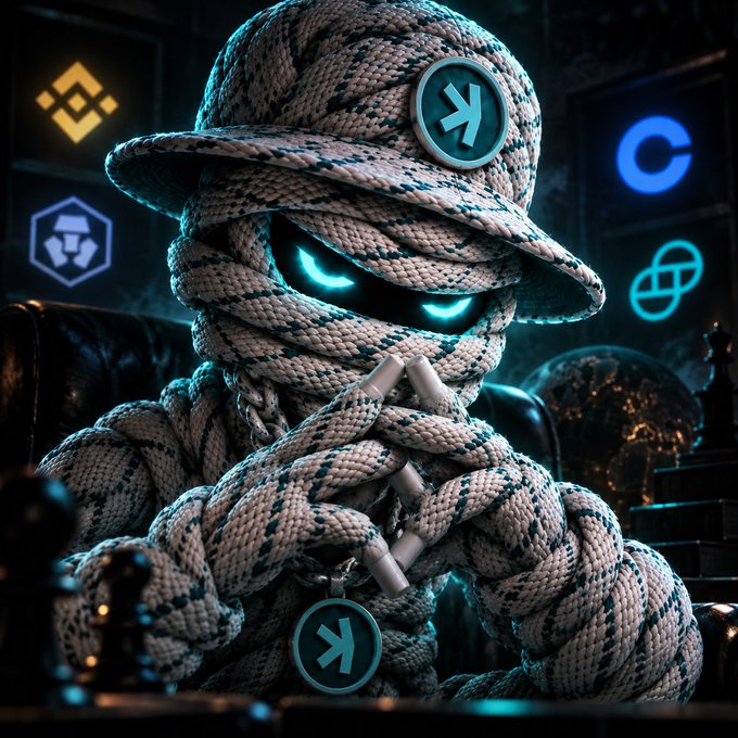 AI-generated artwork of a mummy-like character wrapped in rope with glowing cyan eyes, wearing a hat, and surrounded by cryptocurrency symbols including Binance and what appears to be XRP.