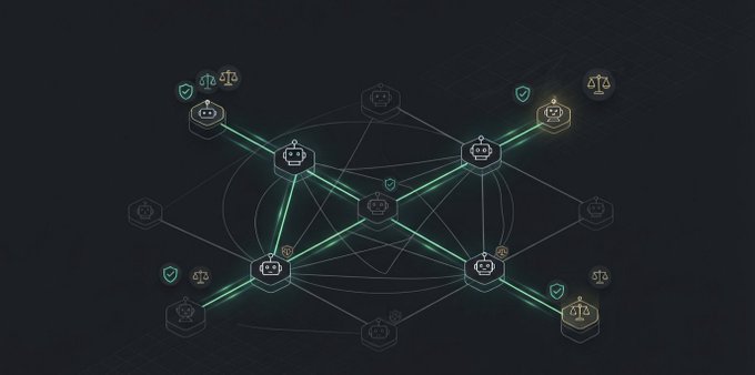 A dark digital graphic showing a network of interconnected hexagonal nodes with robot and scales icons, illuminated by green connecting lines.