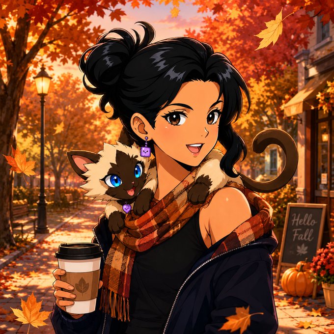 An anime-style illustration of a woman with black hair in a bun holding a coffee cup, with a small black-and-white kitten on her shoulder, set against an autumn backdrop with a 'Hello Fall' sign.