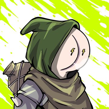 A cartoon character wearing a green hood and brown cloak features two small lightning bolt symbols on their pale face, against a vibrant lime-green splatter background. The lightning bolt imagery and energetic colors visually reinforce the "FAST" theme of the NFT giveaway post.