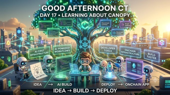 A digital graphic titled 'GOOD AFTERNOON CT - DAY 17 • LEARNING ABOUT CANOPY' depicts cartoon characters working on AI infrastructure, with labels including 'AI FIRST INFRASTRUCTURE', 'AI POWERED WORKFLOWS', 'DEVELOPER TOOLS', 'ONCHAIN INFRASTRUCTURE', 'BUILD FASTER', and the workflow 'IDEA → AI BUILD → DEPLOY → ONCHAIN APP'.