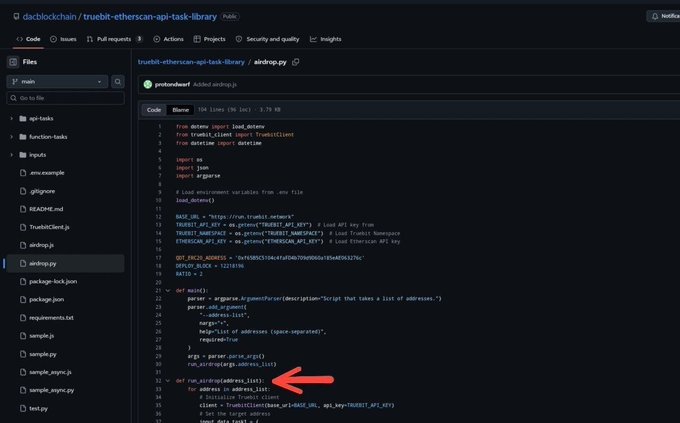 A screenshot of a GitHub repository ('truebit-etherscan-api-task-library') displays Python code in an 'airdrop.py' file, with a red arrow pointing to a function definition for processing an address list.