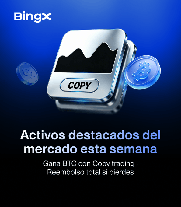 A BingX cryptocurrency advertisement featuring a metallic 'COPY' trading button and Bitcoin coins, with Spanish text reading 'Activos destacados del mercado esta semana' and offering BTC copy trading with full reimbursement.