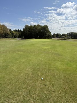 A golf ball sits on a wide fairway with sand bunkers and trees in the distance under a partly cloudy sky—fitting for the casual "gm" (good morning) greeting, perhaps from an early round on the course.