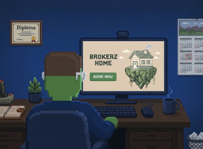 A pixel-art illustration of a person wearing glasses sitting at a desk in front of a computer displaying 'BROKERZ HOME' with a 'BOOK NOW' button, accompanied by a floating island house and a framed diploma.