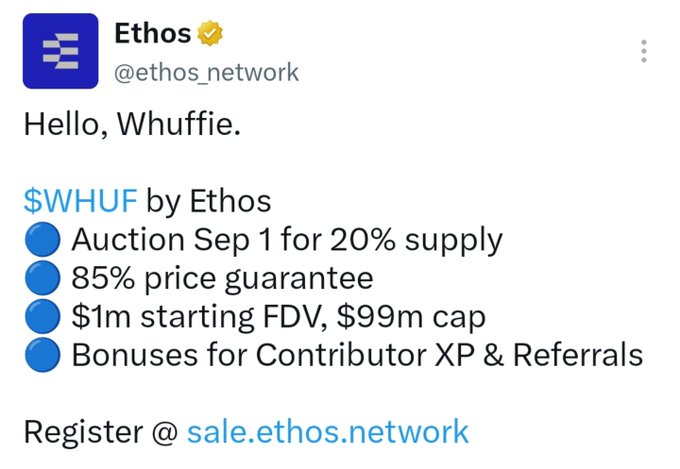 The image is a tweet from Ethos (@ethos_network) announcing the $WHUF token auction, featuring a 20% supply auction on Sep 1, an 85% price guarantee, a $1m starting FDV with a $99m cap, and bonuses for Contributor XP and Referrals, directing users to sale.ethos.network.

The post appears to express distrust toward the token launch, suggesting that only a small inner circle is genuinely interested, implying that the "Contributor XP" bonuses may be inflated or manipulated by the same people controlling the scoring system to protect their reputation ("AURA") within the platform.