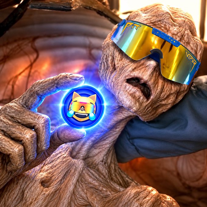 A sculpted figure of a tree-like creature wears blue and yellow sunglasses with 'VIPER' text, while holding a glowing blue circular icon featuring a Shiba Inu meme.