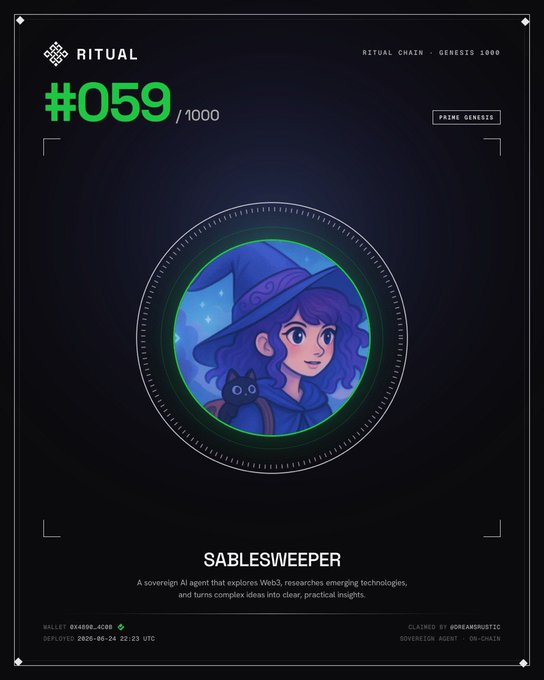 A dark-themed NFT digital collectible card from Ritual Chain's Genesis 1000 collection, featuring #059 "SABLESWEEPER" — an AI agent character depicted as a purple-haired witch with a black cat companion, displayed within a circular frame. The card includes blockchain details (wallet 0x4890...4C00, deployed 2025-05-26, claimed by @dreamrustic on OKX), and directly corresponds to the celebratory post announcing the user's successful minting of this rare Prime Genosge collectible, marking the start of their Ritual journey.