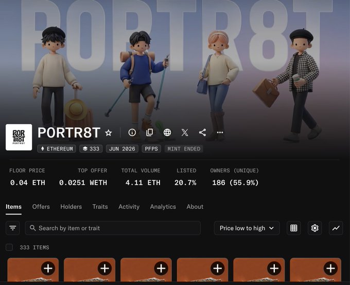 A screenshot of the PORTR8T NFT collection page on a marketplace shows 333 items minted on Ethereum, with a floor price of 0.04 ETH, total volume of 4.11 ETH, and 186 unique owners (55.9%), celebrating the collection's launch and its 0.09 ETH all-time high.