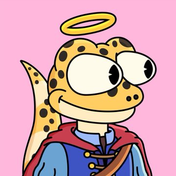 A cartoon gecko with big eyes, a yellow halo, and a red cape grins against a pink background, illustrating the post's pitch to swap a boring profile picture for a quirky animal or woodland character like this charming reptilian saint.