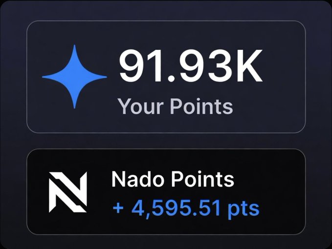 A digital dashboard showing a user has accumulated "91.93K Your Points" alongside a "Nado Points" earnings indicator of "+ 4,595.51 pts".