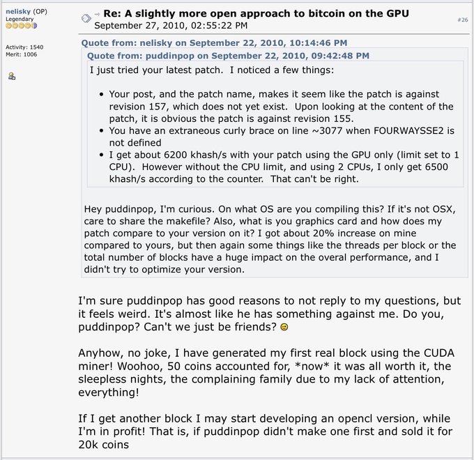 A Bitcoin forum post from user "nelisky" dated September 27, 2010, celebrates generating his first real block using a CUDA miner, earning 50 coins and joking about the sacrifices involved, while discussing technical details of a GPU mining patch with user "puddinpop."