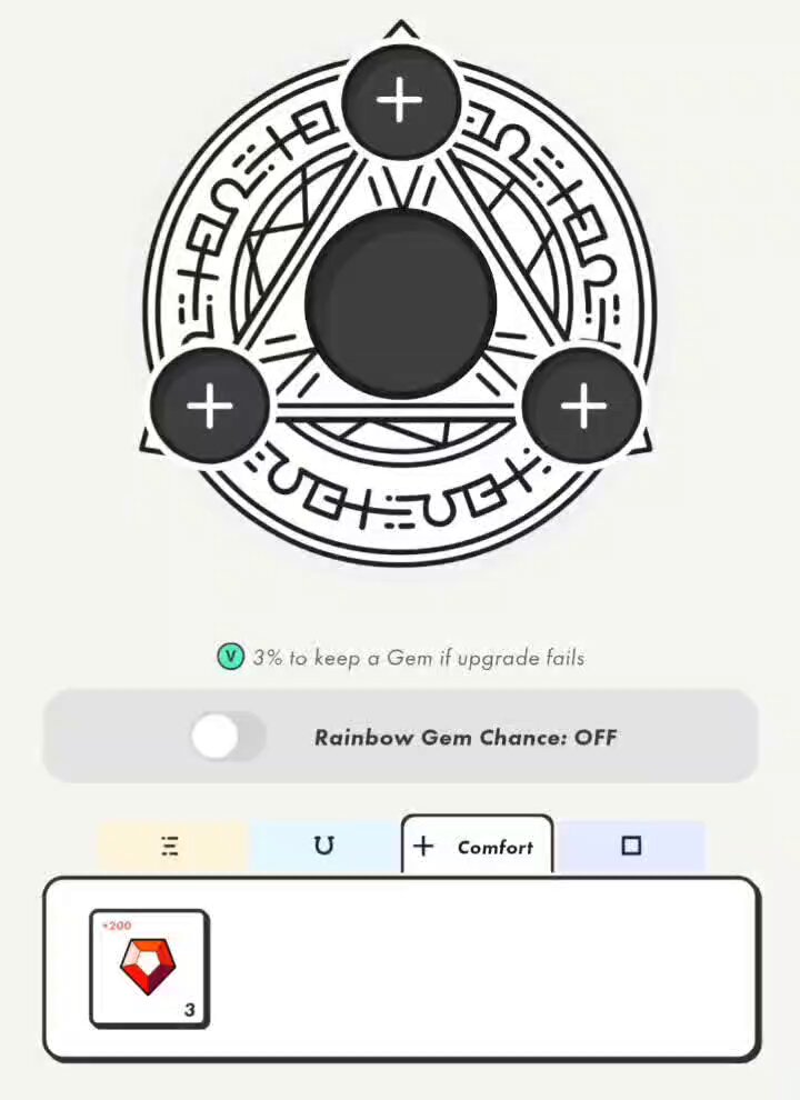 The image features a screen showing a cartoon graphic with three gemstones positioned around a center circle within a white border. Above the graphic, there's an overview of the gaming process that includes instructions on how to apply a Gem Repair Kit (either "3% to keep a Gem from being upgraded" or "Rainbow Gem Chance: Off", depending on which option is chosen). The text at the bottom of the image also mentions a "#Stepn Country B waaaa".