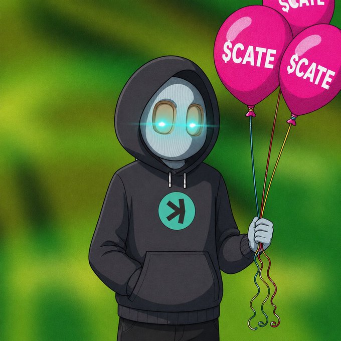 A hooded mascot character with glowing blue eyes holds pink balloons labeled "$CATE," matching a giveaway announcement awarding $100 prizes to selected followers and subscribers.