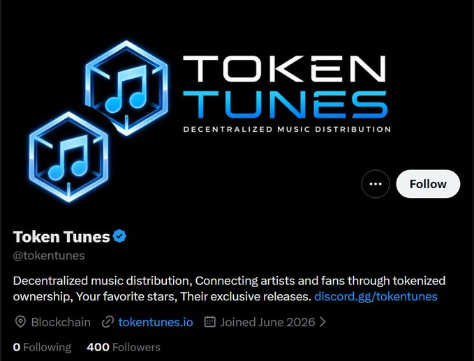 A screenshot of the Twitter profile for Token Tunes (@tokentunes), displaying their hexagonal music note logo, the tagline "Decentralized Music Distribution," and account stats showing 400 followers with 0 following as of joining June 2026, which aligns with the post highlighting this as an early-find NFT project in the music space.