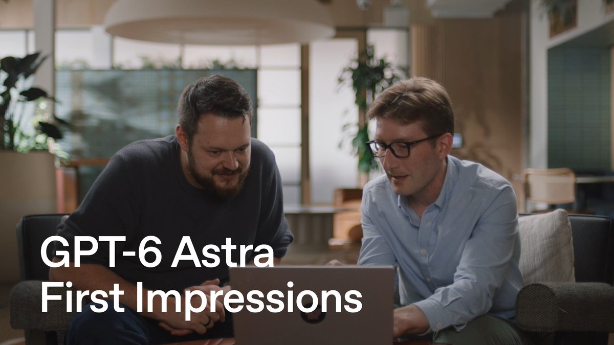 Two men sit on a couch looking at a laptop, with large white text overlay reading 'GPT-6 Astra First Impressions.'