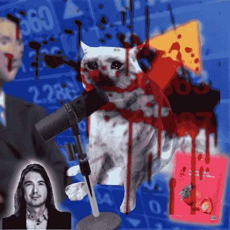 This surreal image features a crying cat covered in blood, superimposed over stock market data and featuring a man with long hair. The image visually represents a chaotic and potentially disastrous financial "cat business," contrasting with the more conventional "monkey business" of the Bored Ape Yacht Club.