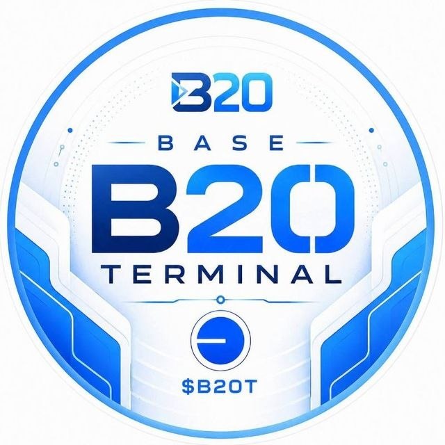 A blue and white circular logo for 'B20 BASE TERMINAL' cryptocurrency featuring the ticker '$B20T'.