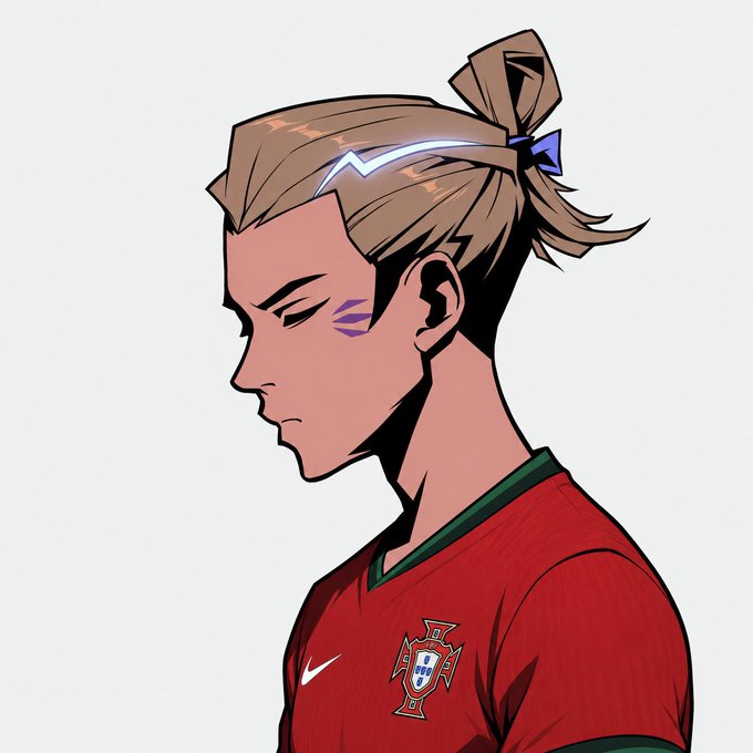 An illustrated profile view of a person with a high ponytail tied with a blue band, wearing a red Portugal national soccer jersey with a purple mark under their eye.